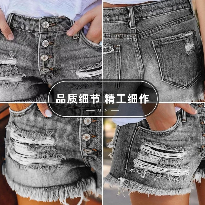 Dame Jeans-Shorts med frynser og destroyed-effekter Skovae