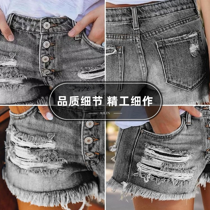 Dame Jeans-Shorts med frynser og destroyed-effekter Skovae