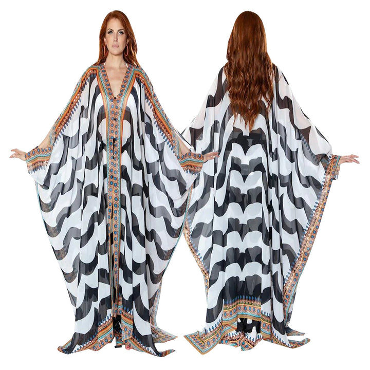 Dame Strand-Kimono med kunstnerisk slange motiv og vide ærmer Stilla