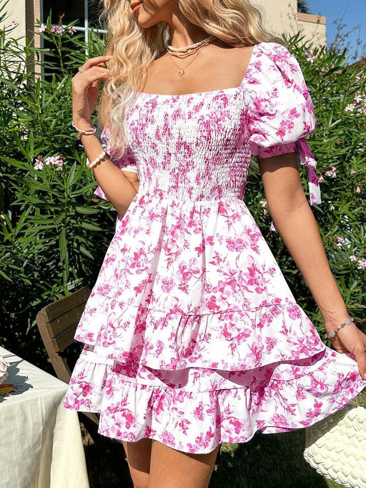 Dame blomsterprint rynket mini kjole Stilla