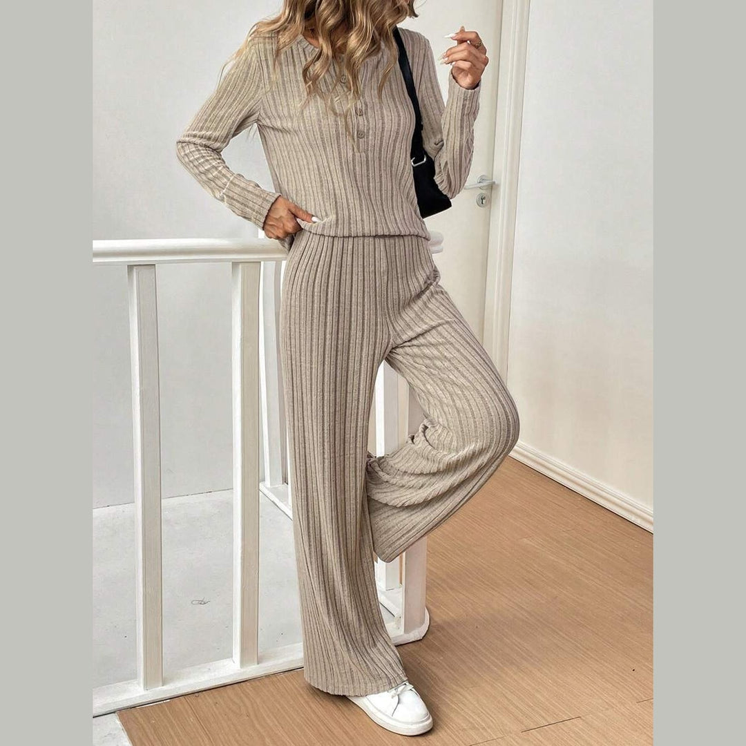 Dame afslappet strik-loungewear-sæt med knaplukning Stilla