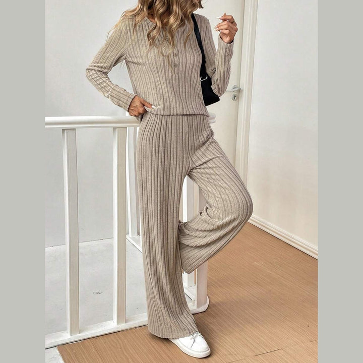 Dame afslappet strik-loungewear-sæt med knaplukning Stilla