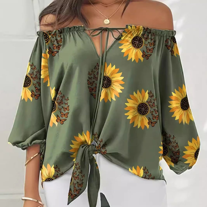 Dame Off-Shoulder Bluse med solsikkemønster og bindebånd Stilla
