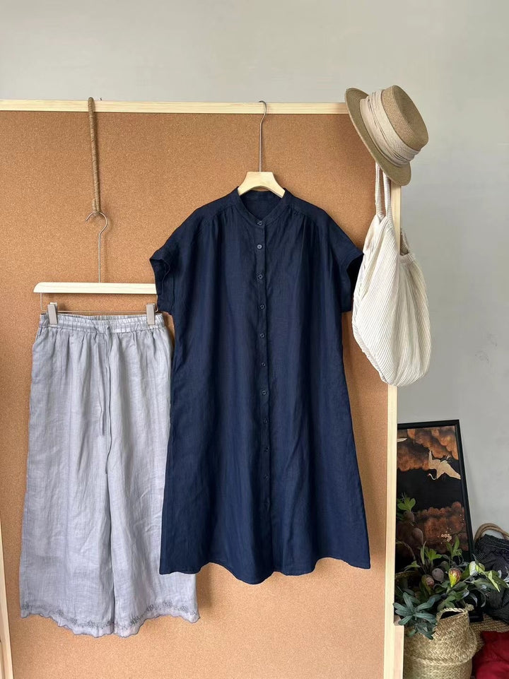 Dame Relaxed Fit Linned Knapliste Tunika Skjorte Stilla