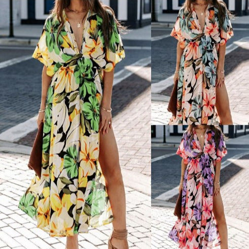 Dame Floral Maxi Wrap Kjole med Slids og Bælte Stilla