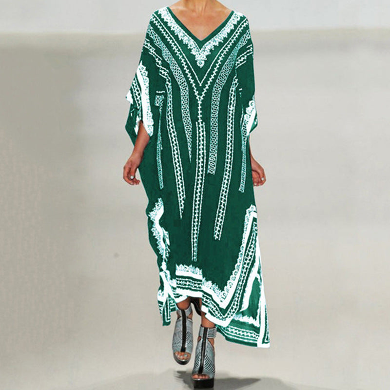 Dame Kaftan med kunstnerisk etnomønster og brede ærmer Stilla