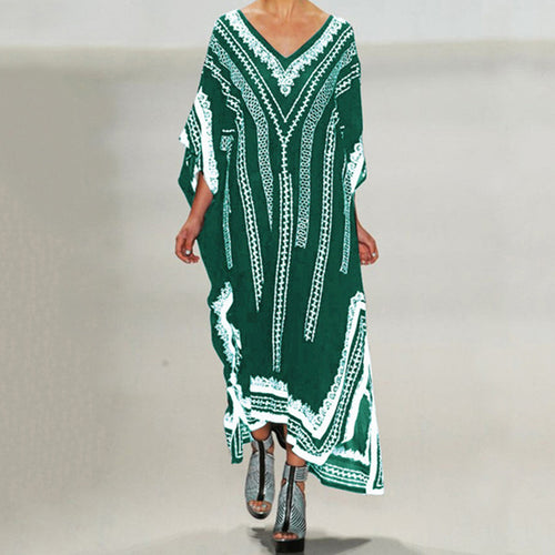 Dame Kaftan med kunstnerisk etnomønster og brede ærmer Stilla