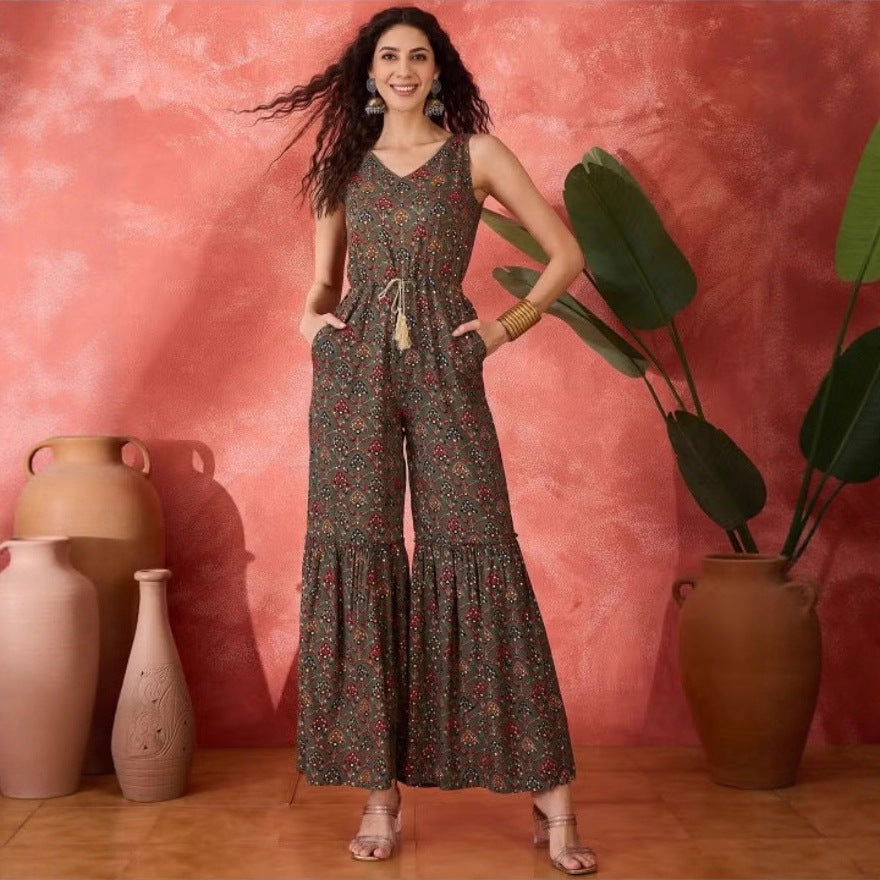 Dame vintage-inspireret jumpsuit med bredt ben og taljering Skovae