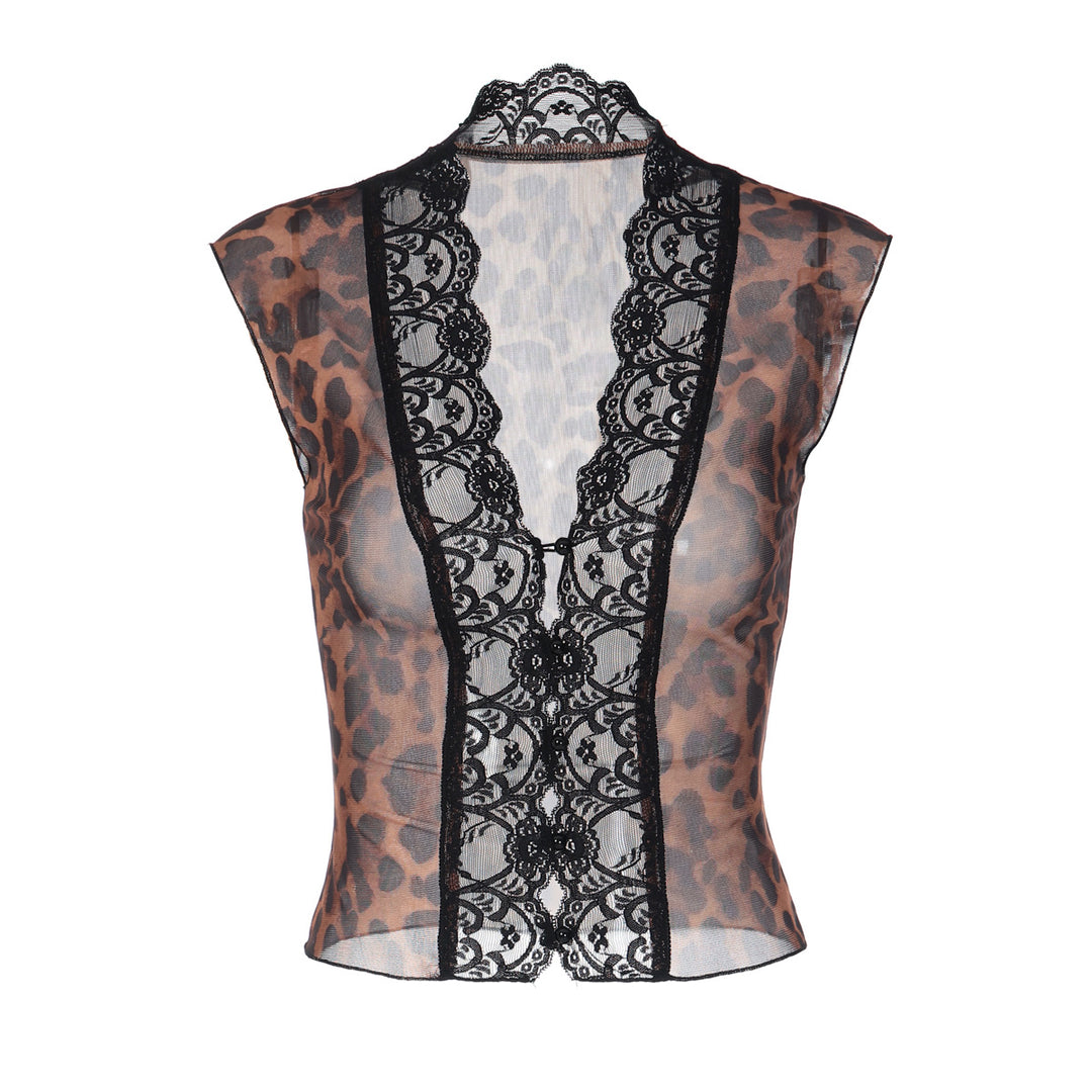 Dame Transparent Spidsbluse med Leopardmønster Skovae 1778568971