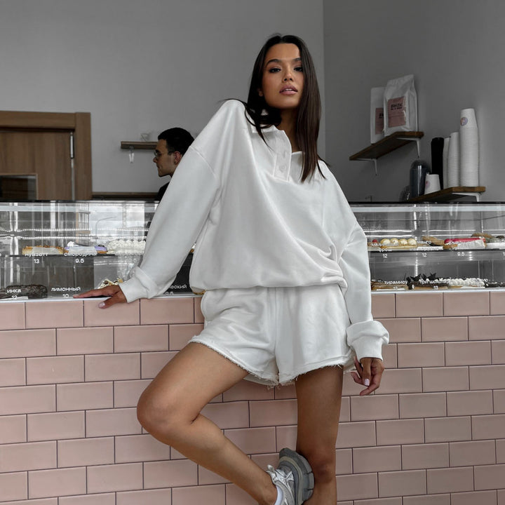 Kvinders casual sweatshirt og shorts sæt med flisede kanter Skovae