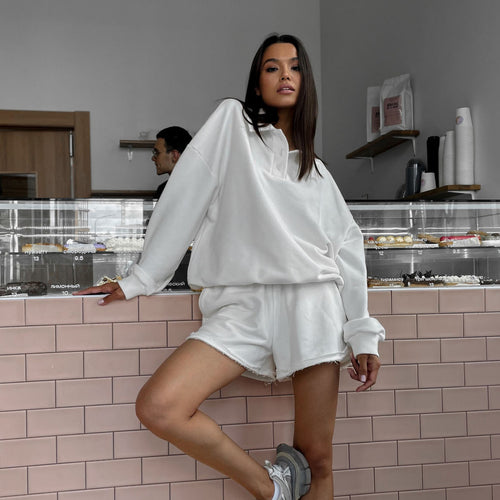 Kvinders casual sweatshirt og shorts sæt med flisede kanter Skovae