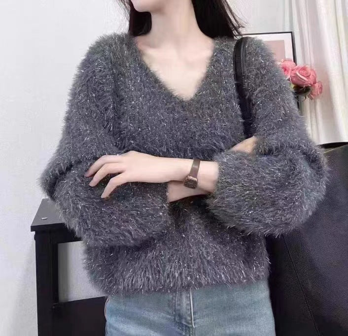 Dame hyggelig V-hals sweater med glitrende tråd Stilla
