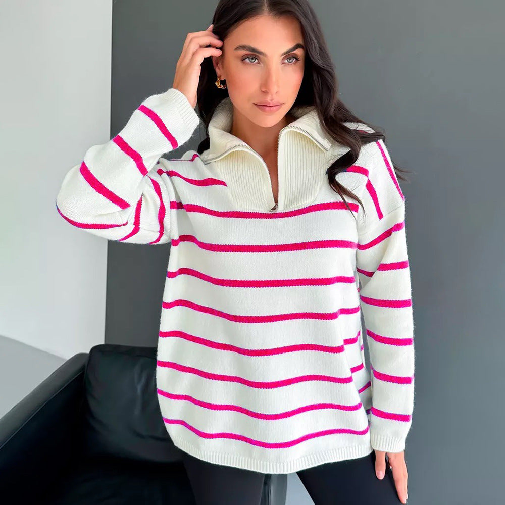 Femme Stribet Fjerde-Zipper Strikkegenser Stilla