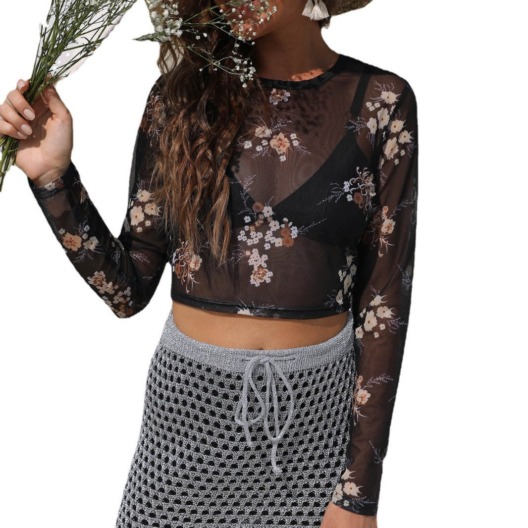 Dame elegant let mesh-top med blomster mønster Skovae