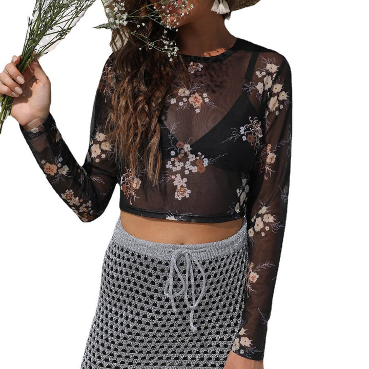 Dame elegant let mesh-top med blomster mønster Skovae