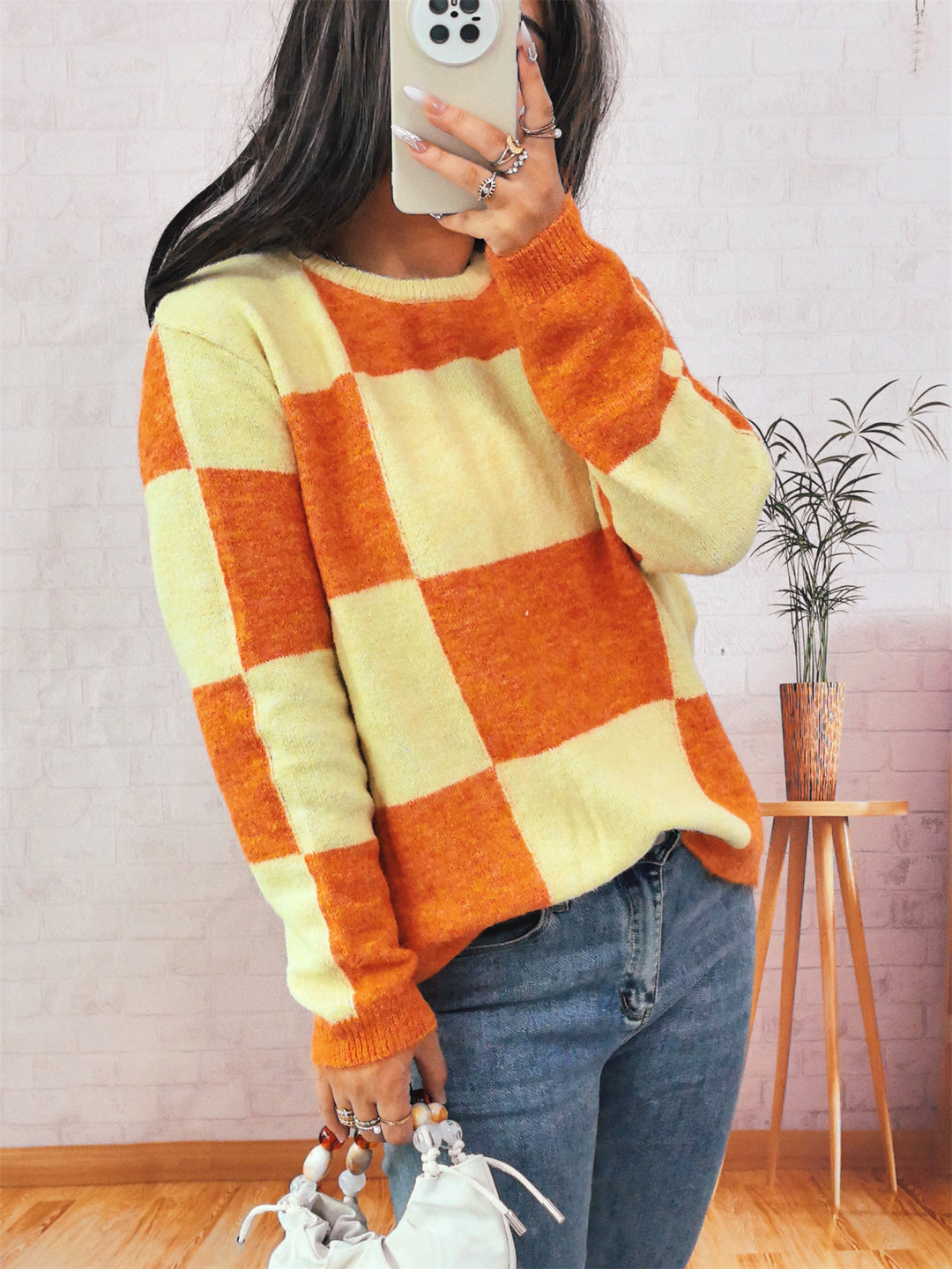 Kvindernes afslappede sweater med moderne ternet mønster Stilla