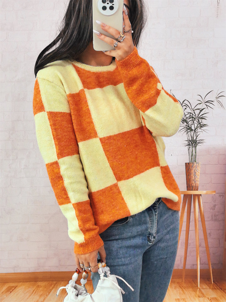 Kvindernes afslappede sweater med moderne ternet mønster Stilla