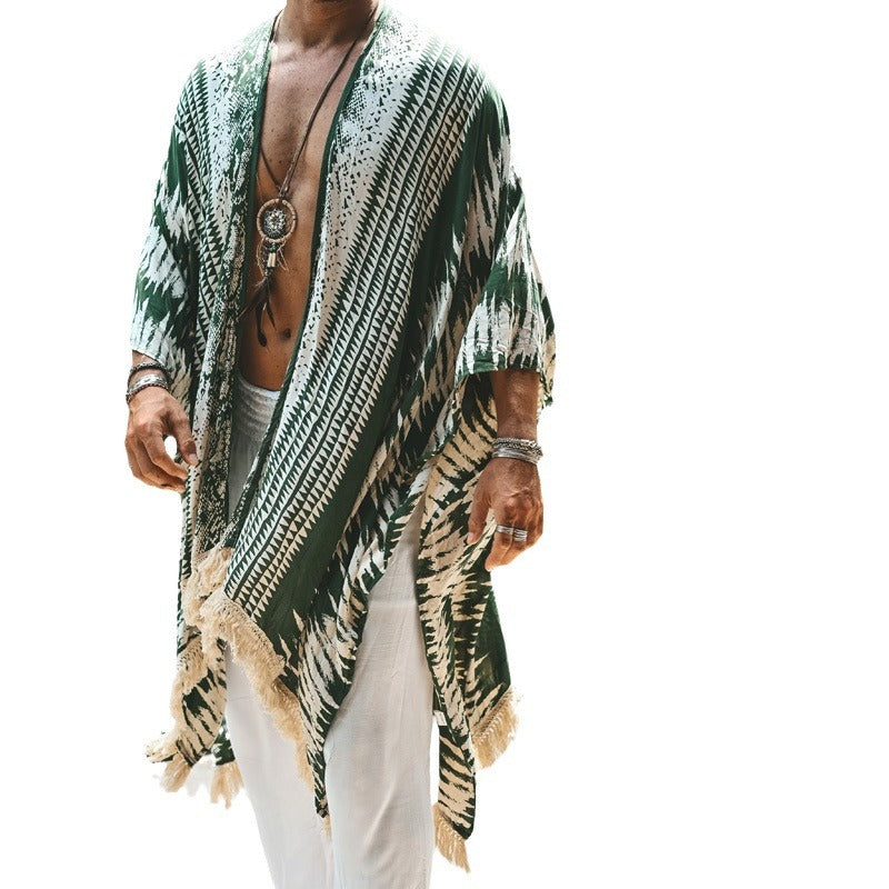 Herren nan let strandeponcho i kimono-stil med frynser Skovae