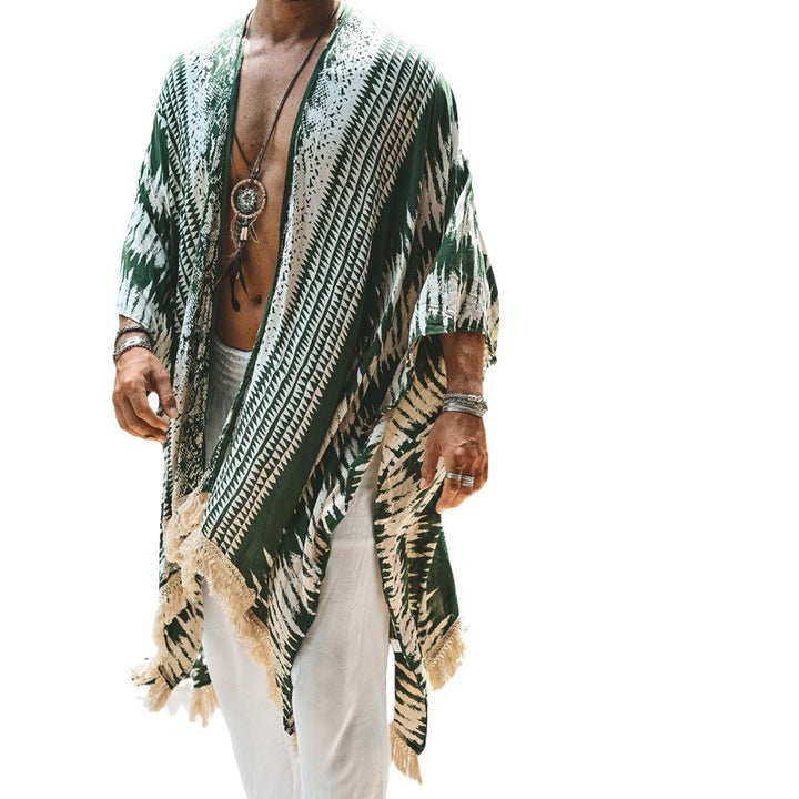 Herren nan let strandeponcho i kimono-stil med frynser Skovae
