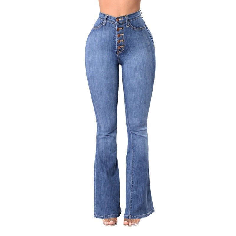 Kvindernes Høj Talje Flared Jeans med Dekorative Knapper Stilla