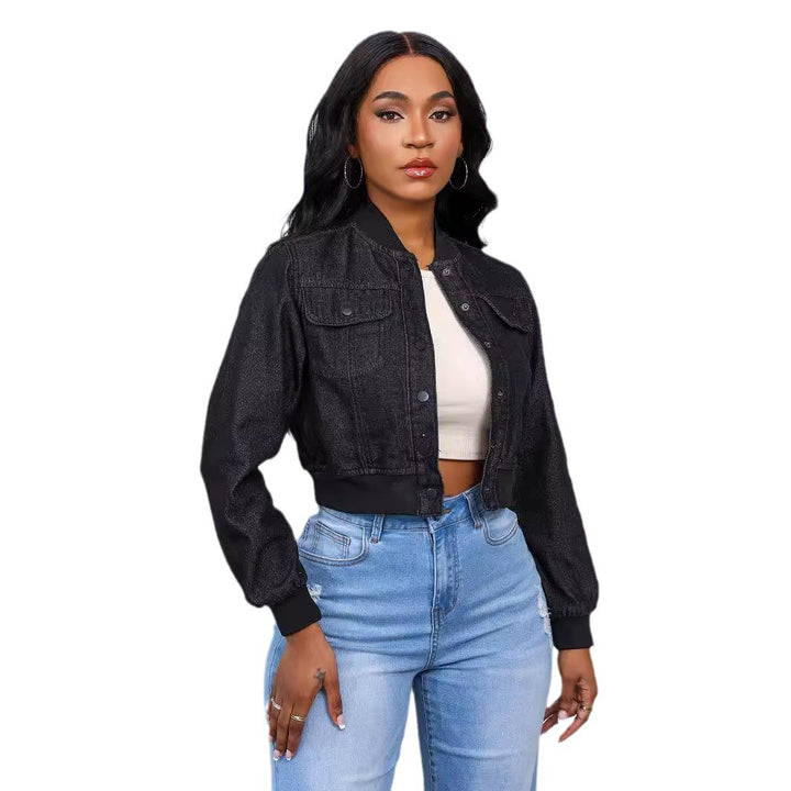 Dame cropped Denim-jakke med praktiske lommer og elastiske manchetter Stilla