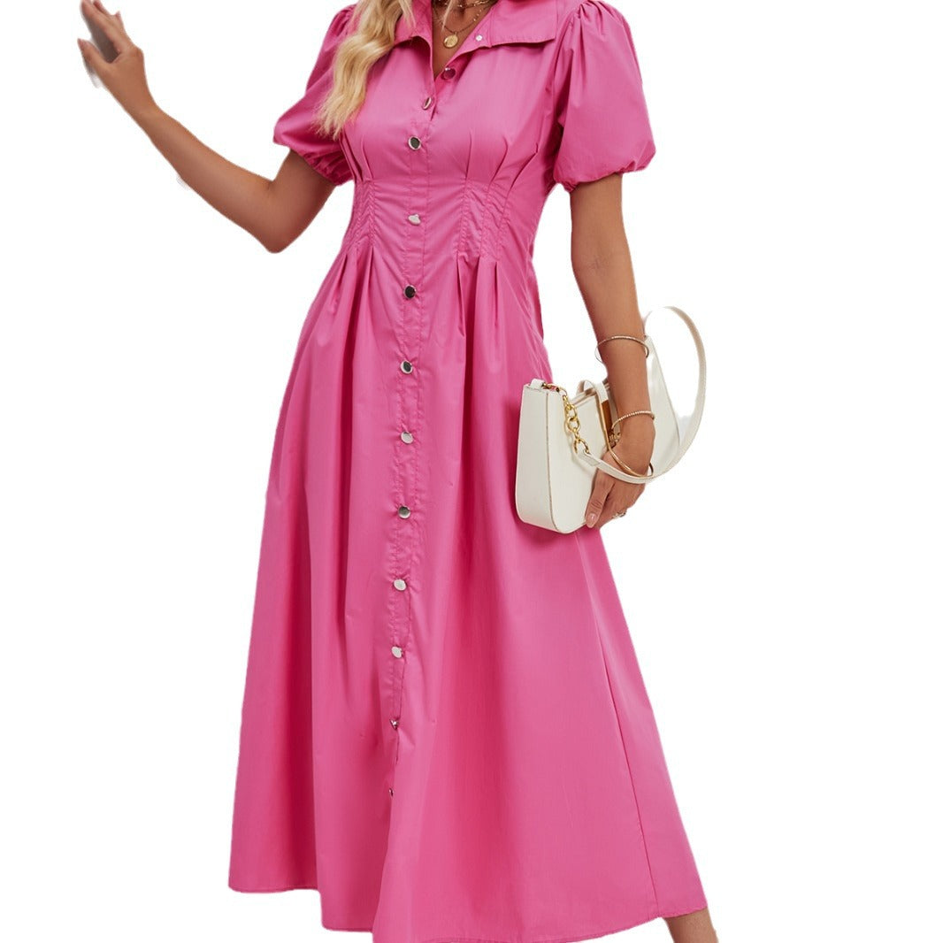 Dame skjortekjole med voluminøse puffærmer og knapdetaljer Stilla
