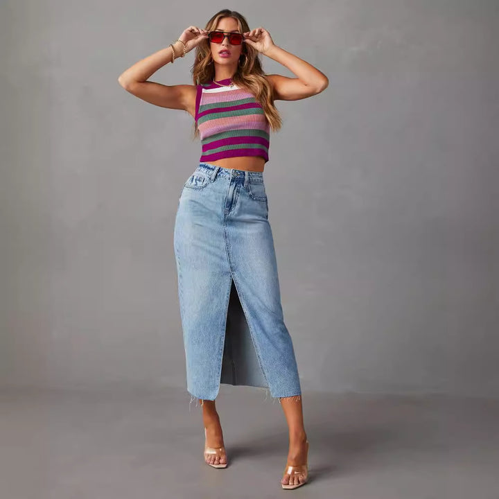Dame Midirok i denim med sidelæg Stilla