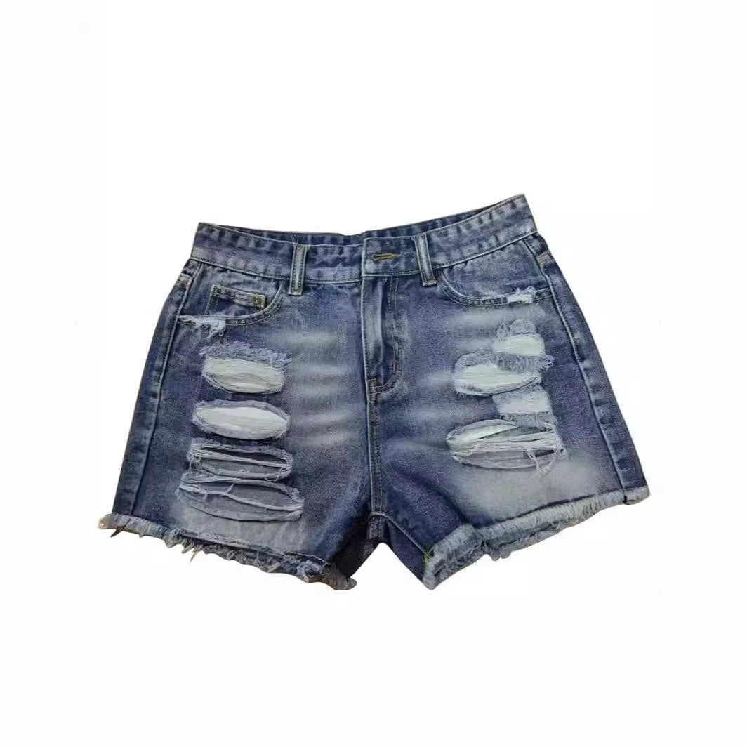 Dame Destroyed Denim Shorts i moderne look med frynser Skovae