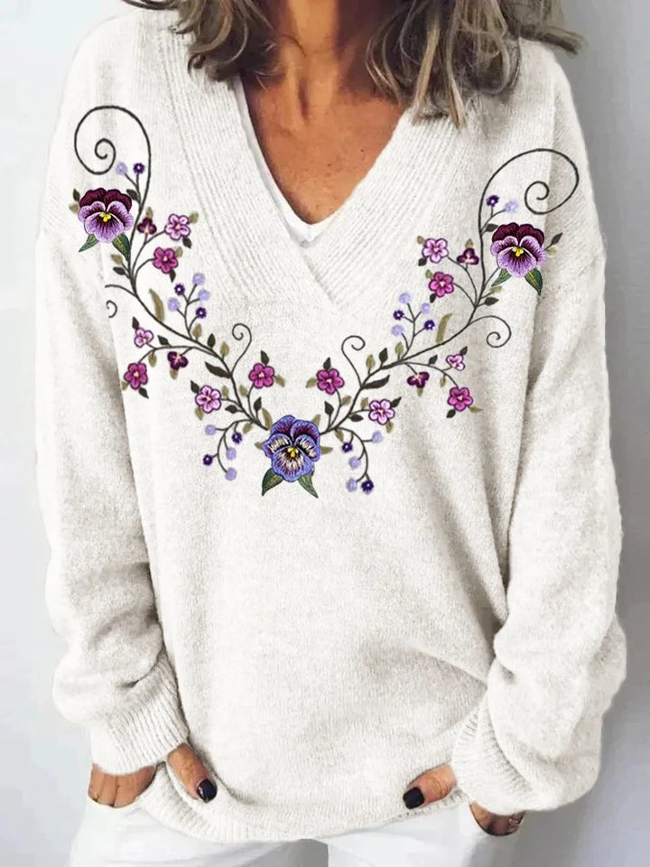 Kvinders V-hals sweater med blomsterdesign og afslappet pasform Stilla