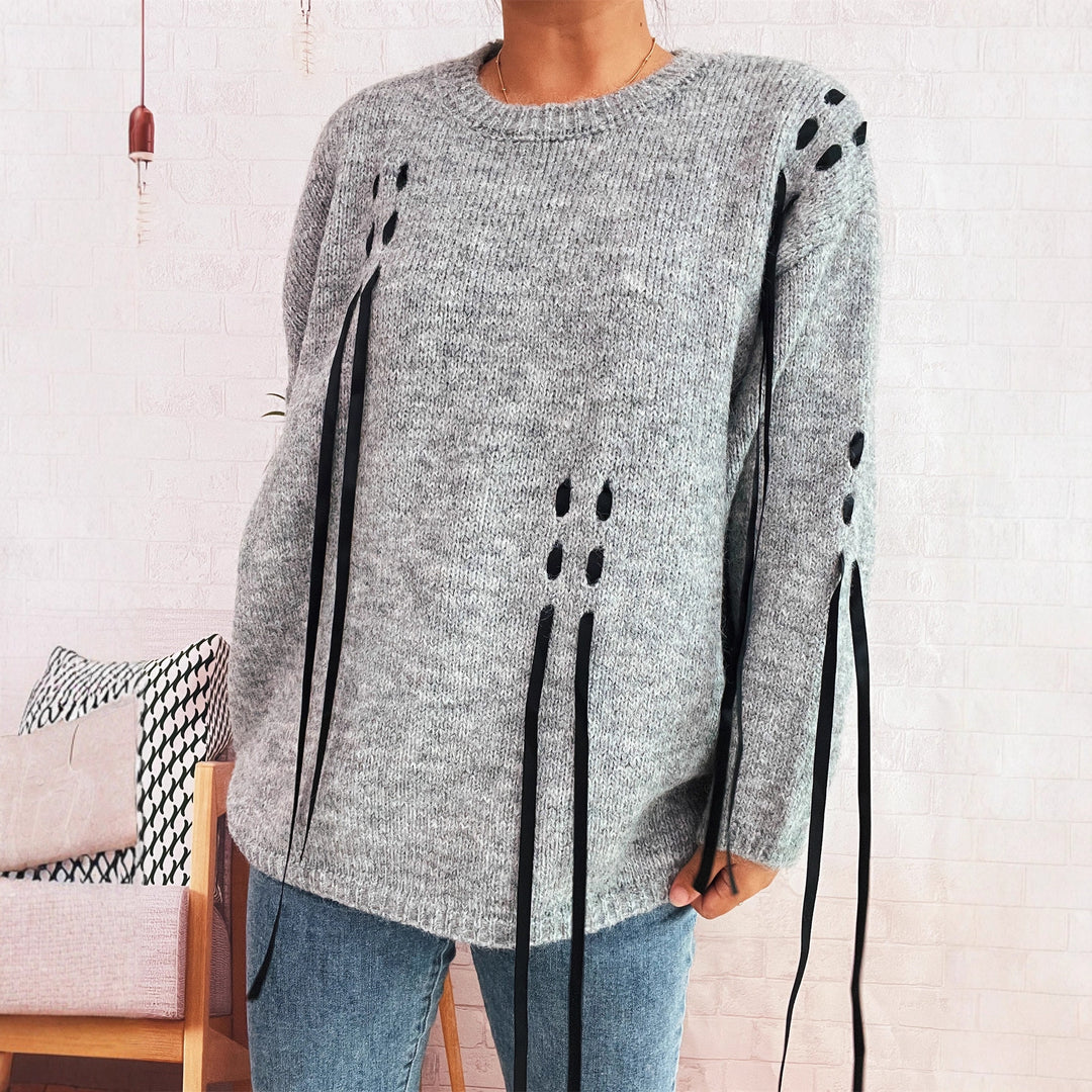 Dame stilfuld sweater med unikt snøredesign Stilla