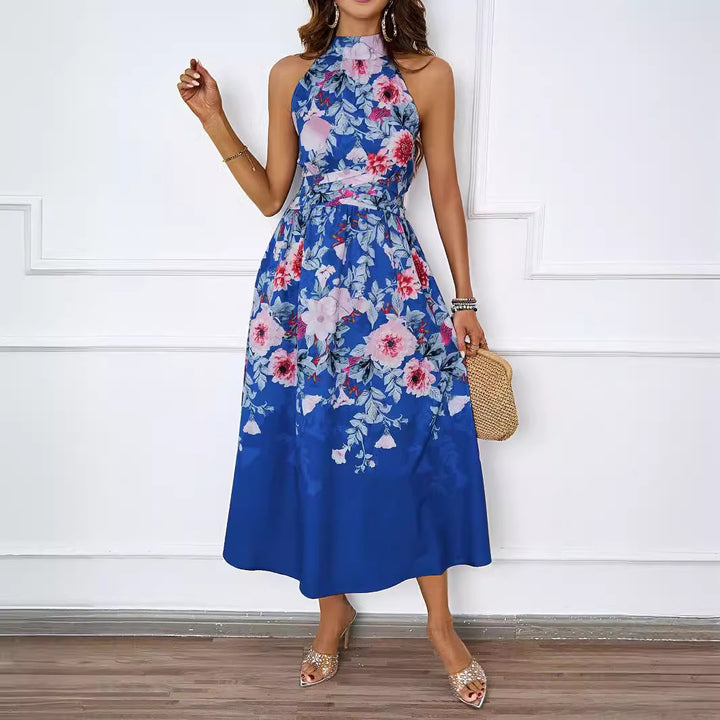 Dame Midi-Kjole med blomsterdesign og elegant Halterneck Stilla