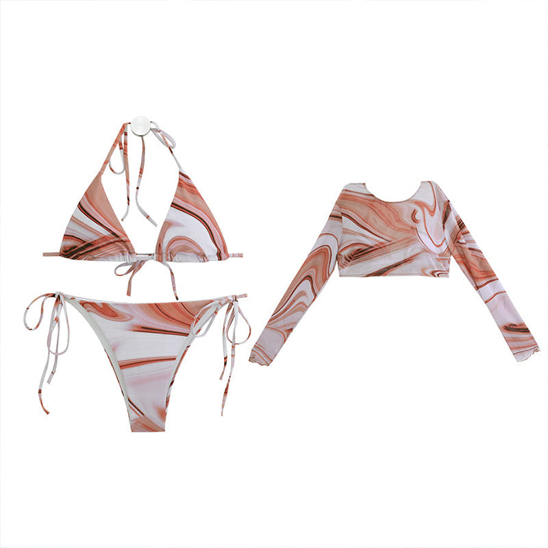Dame bikini sæt med marmorert design og langærmet top Stilla