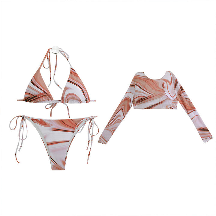 Dame bikini sæt med marmorert design og langærmet top Stilla