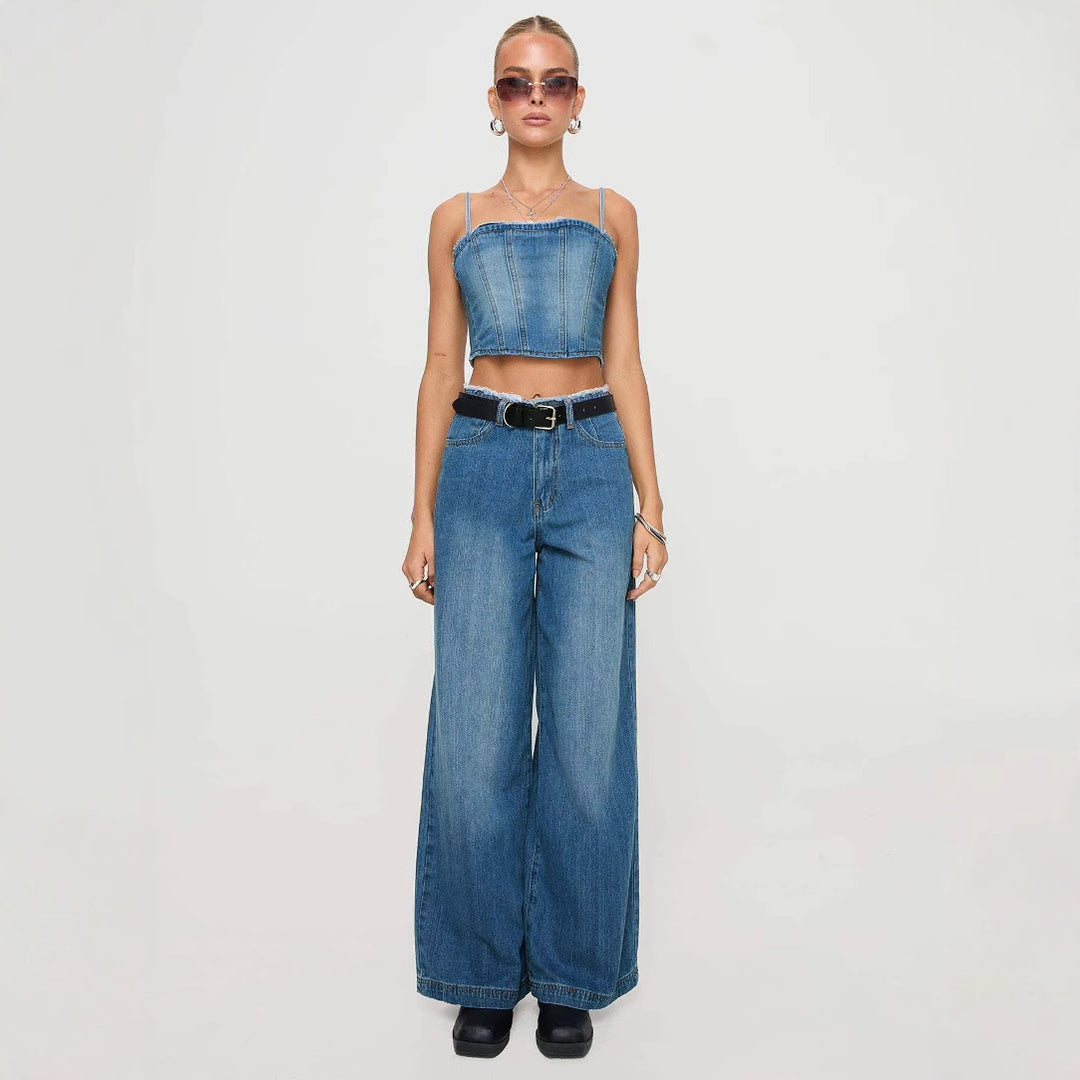 Dame brede Denim-jeans med høj talje og frynset kant Skovae