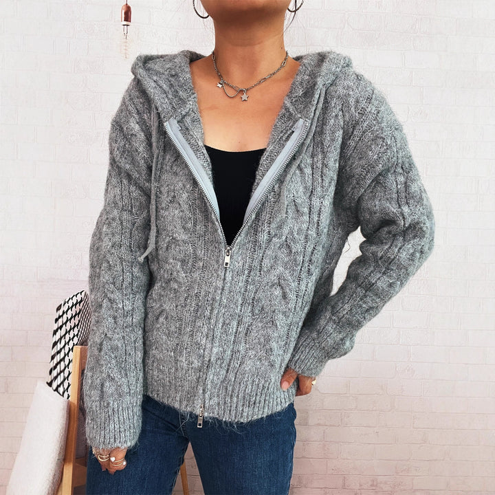 Kvindernes stripe chunky strik zip hættejakke med hætte og blødt materiale Stilla