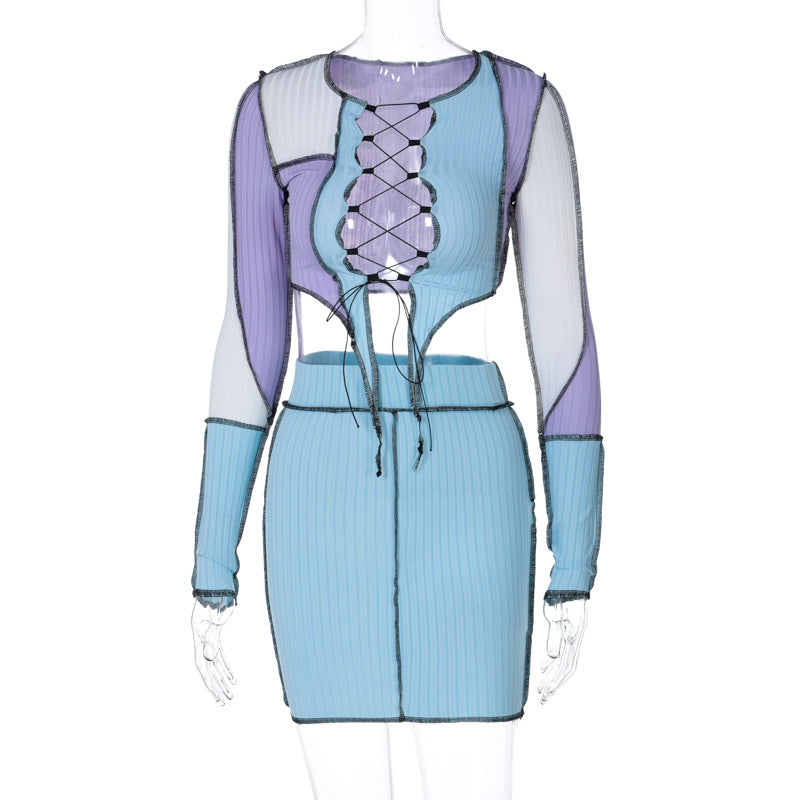 Dame Crop Top og Nederdel Sæt med raffineret Snøredetalje Stilla