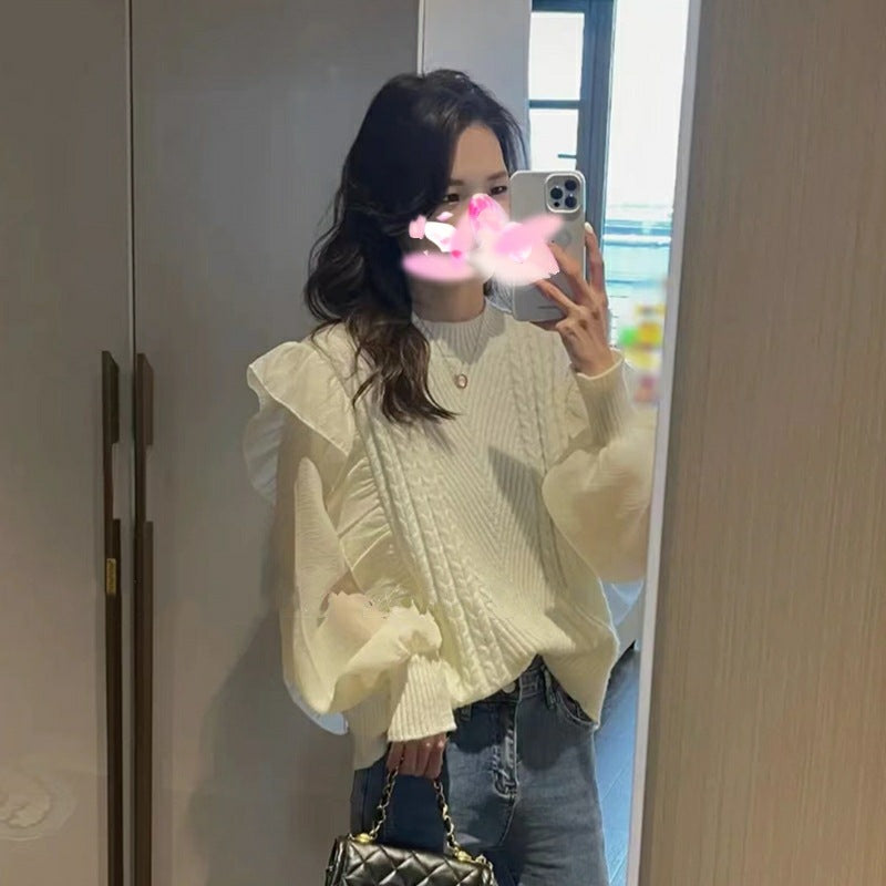 Damer mode strikket sweater med flæsedetaljer og struktur Stilla