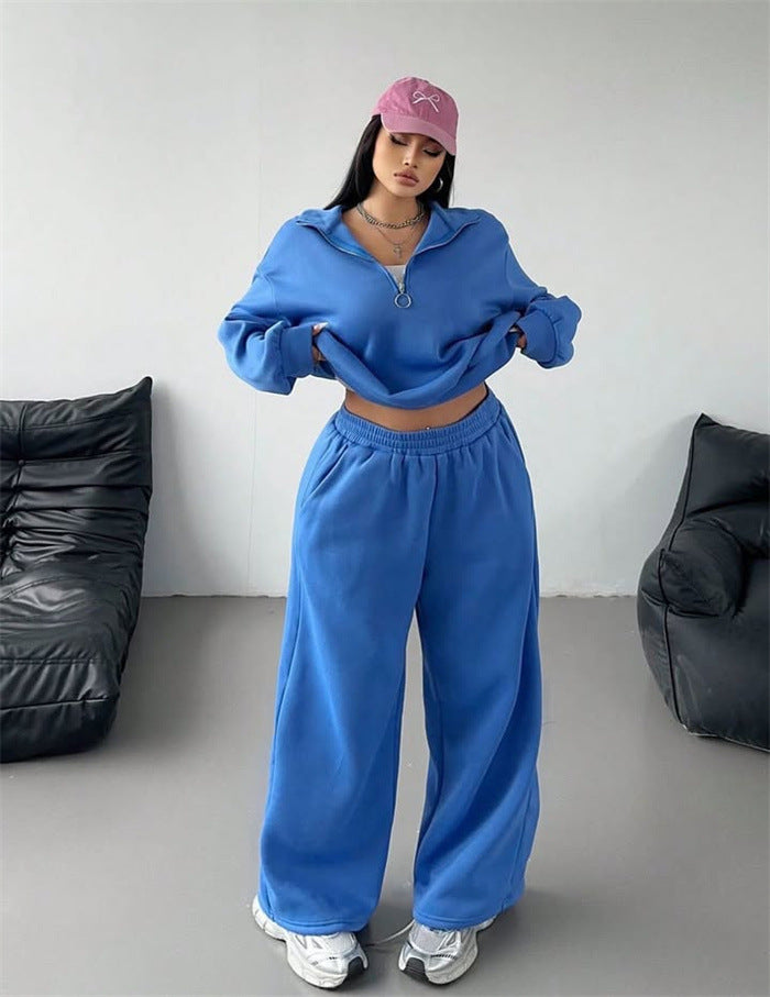 Damerne komfortable fleece loungewear sæt med løs pasform og halvlængde lynlås Skovae