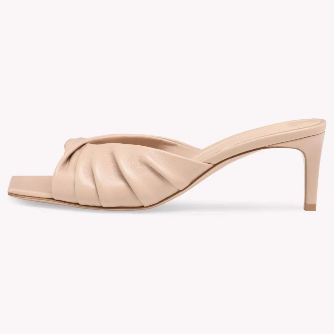 Dame Strappy Åben Tå Hæle Mules med Plissé-Detail  Stilla