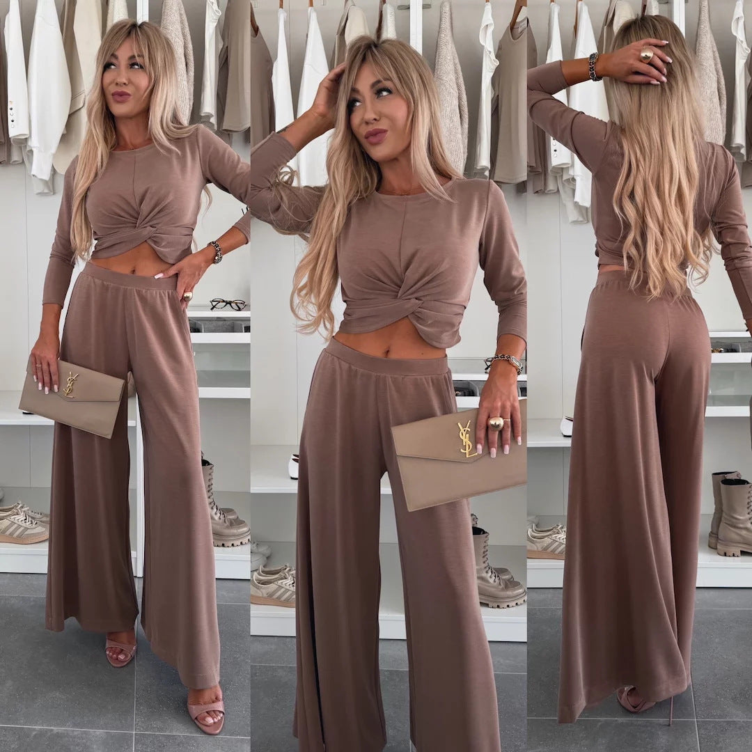 Kvinders elegante fritids sæt med crop top og bredskåret bukser
