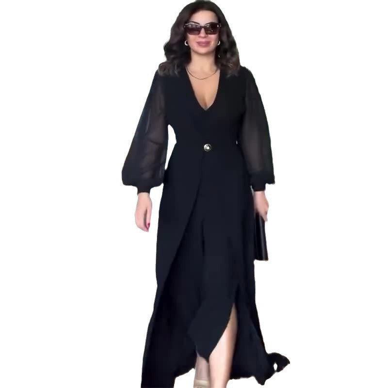 Dame nan elegant wrap maxikjole med skræddersyet drapering, gennemsigtige ballonærmer og dekorative knap Skovae