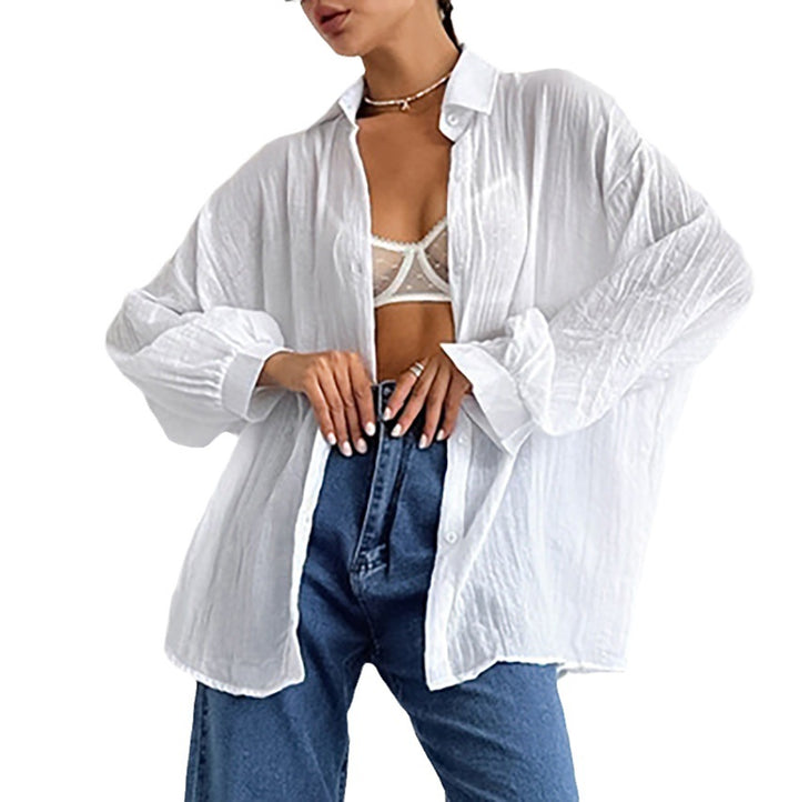 Dame Oversized Skjorte bluse i let linenmix med lange ærmer og moderne snit Stilla