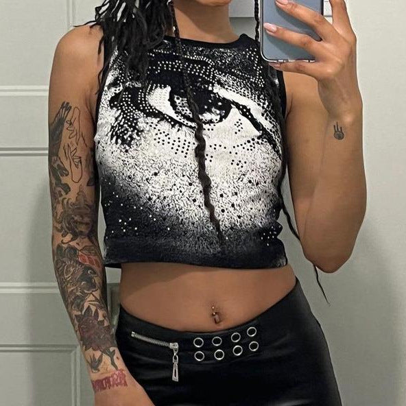 Dame Cropped Tanktop med strålende øjemotiv og glitrende accenter Skovae