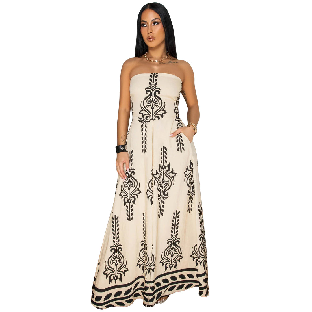 Dame Maxi-kjole med elegant skulderfri design og iøjnefaldende print Stilla