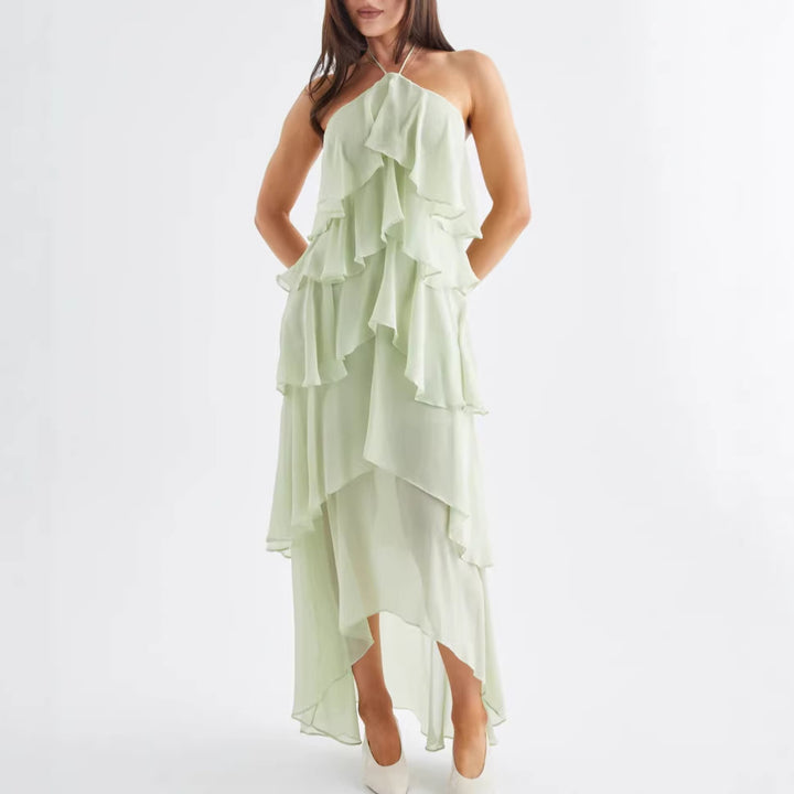 Dame luftige chiffon maxi kjoler med flæser og elegant halterneck Skovae