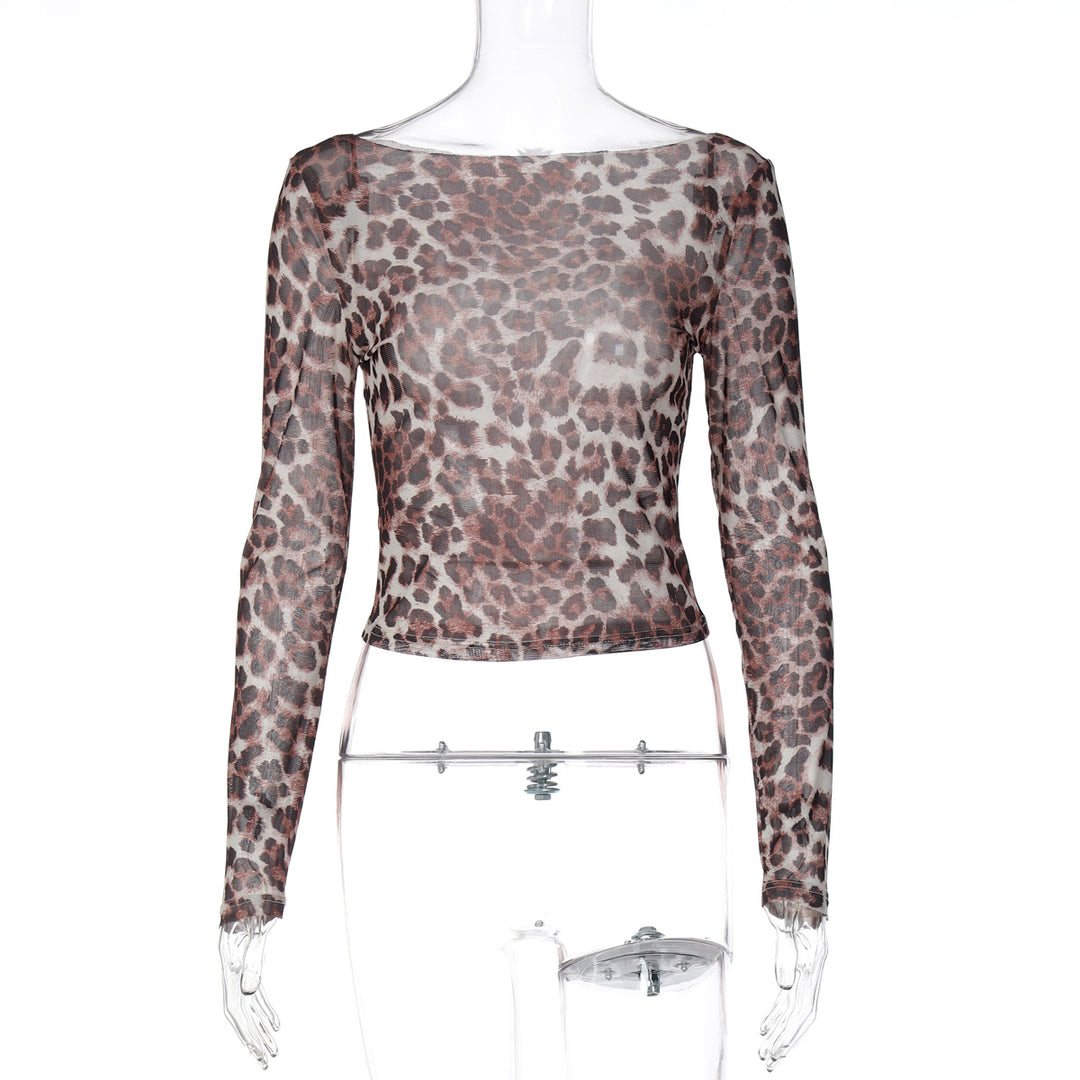 Damer Gennemsigtig Langærmet Bluse med Leopardmønster Skovae