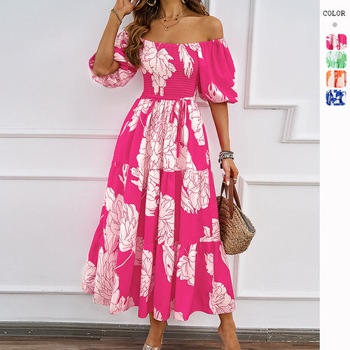 Kvinder Off-Shoulder Maxi Kjole med Voluminøse Ærmer og Print Stilla