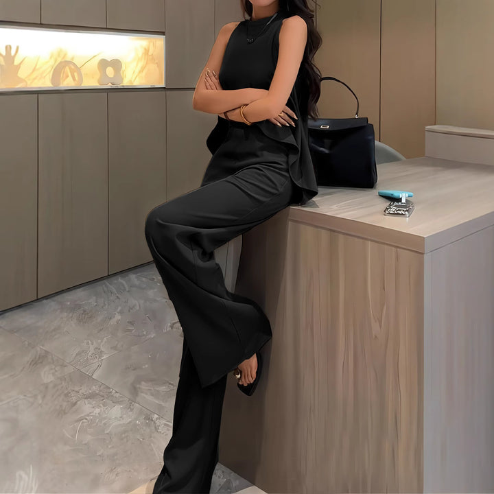 Dame stilfuld Two-Piece sæt med moderne asymmetrisk overdel og bred bukseåbning Stilla