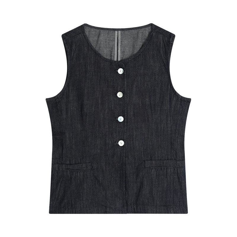 Dame ærmeløs blusevest i højkvalitets denim med praktiske lommer og elegante knapper Stilla