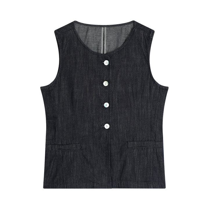 Dame ærmeløs blusevest i højkvalitets denim med praktiske lommer og elegante knapper Stilla